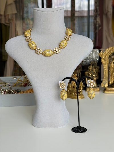 Özel Dizayn Mineli Polky Kolye Küpe Seti | Hint Takı Seti