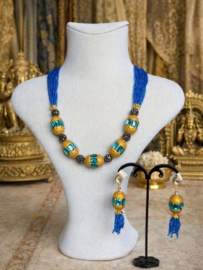 Cam Boncuklu Taşlı Kolye Küpe Seti | Hint Tarzı Şık Takı